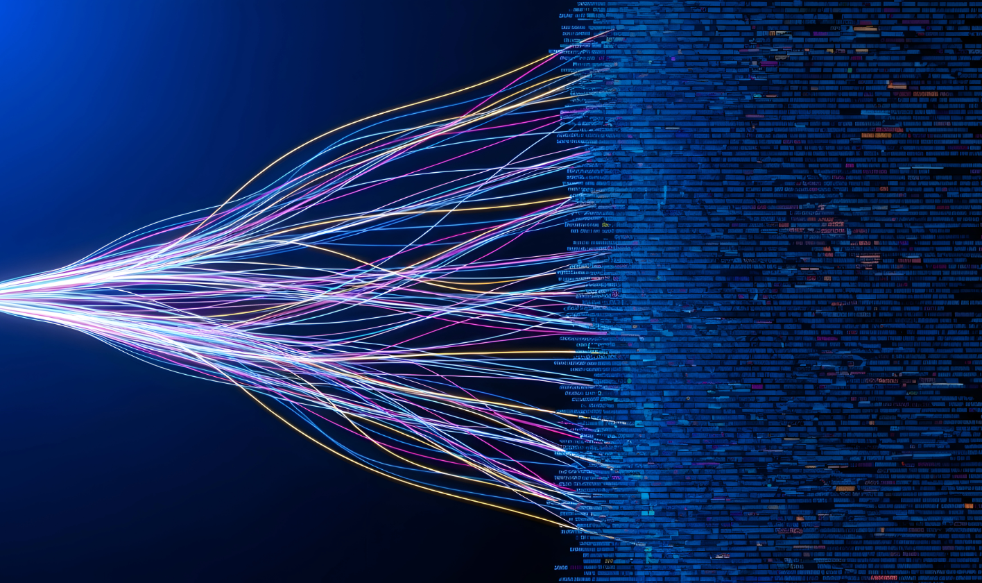 Abstract blue network with electrical data flows converging into a central hub, representing simplified global IoT connectivity